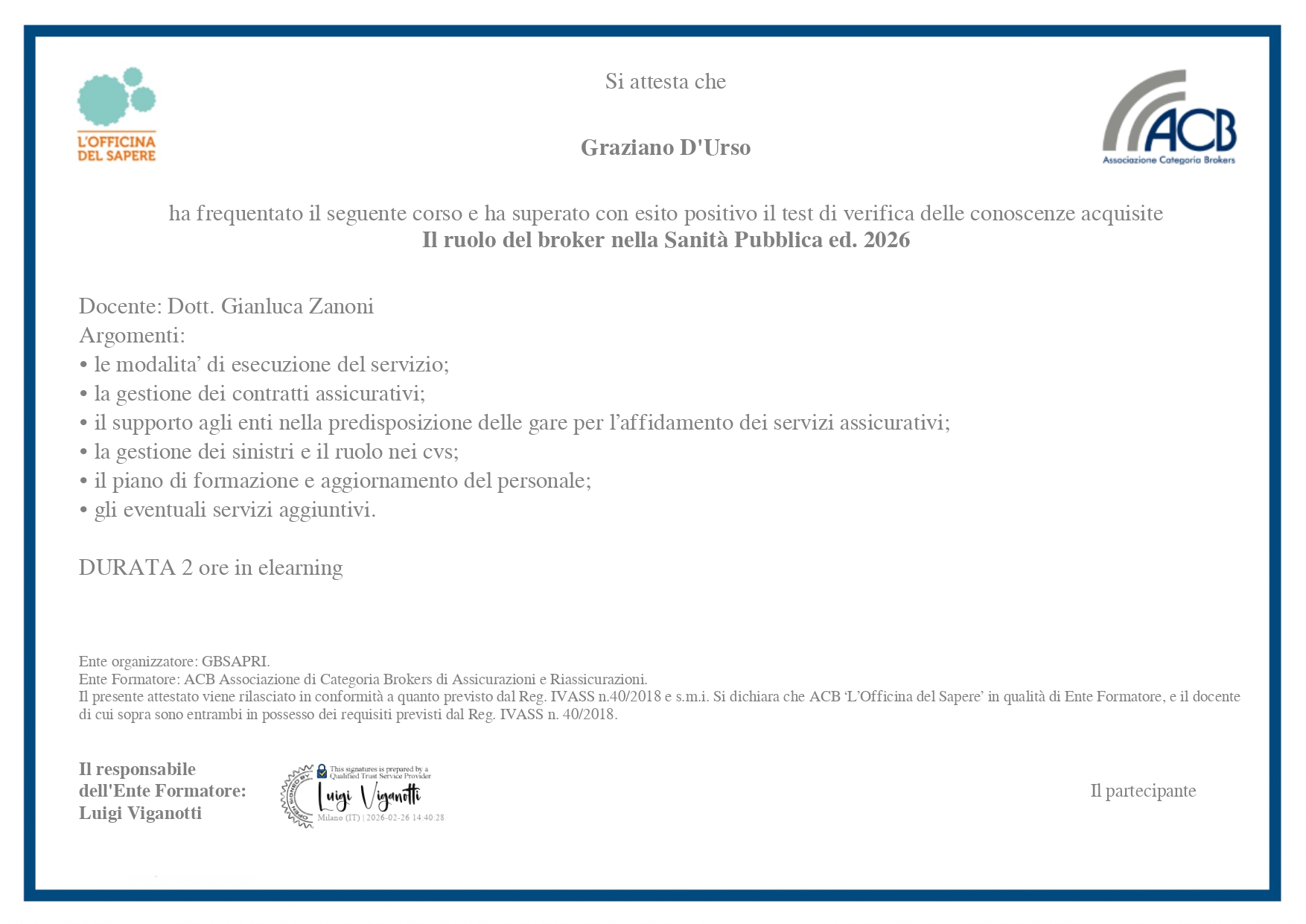 Il ruolo del broker nella Sanità Pubblica ed. 2026 Certificato page 0001